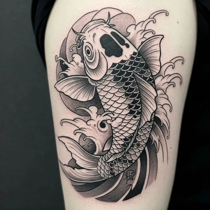 Collection of beautiful carp tattoos on the thighs leading the 2025 trend